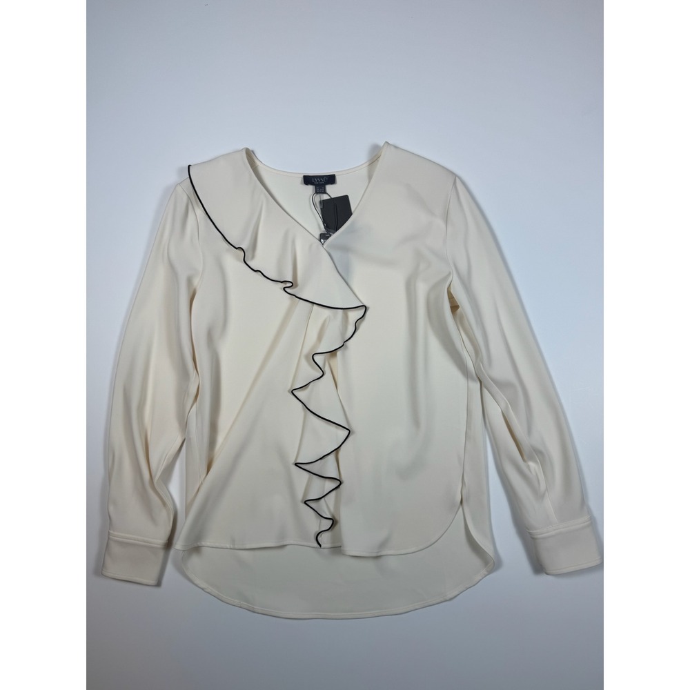 Lysse New York Womens Ruffle Front V-Neck Blouse Off White Cream Long Sleeve XL